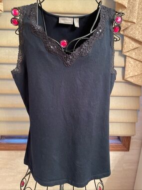 Croft & Barrow STRETCH SLEEVELESS  TANK SHELL BLACK LACE SEQUINS Beading SIZE  M